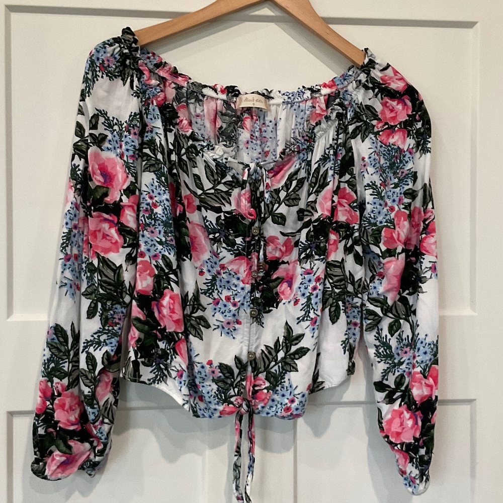 Altar’d State Floral long sleeved crop top ties buttons flowy Boho shirt blouse